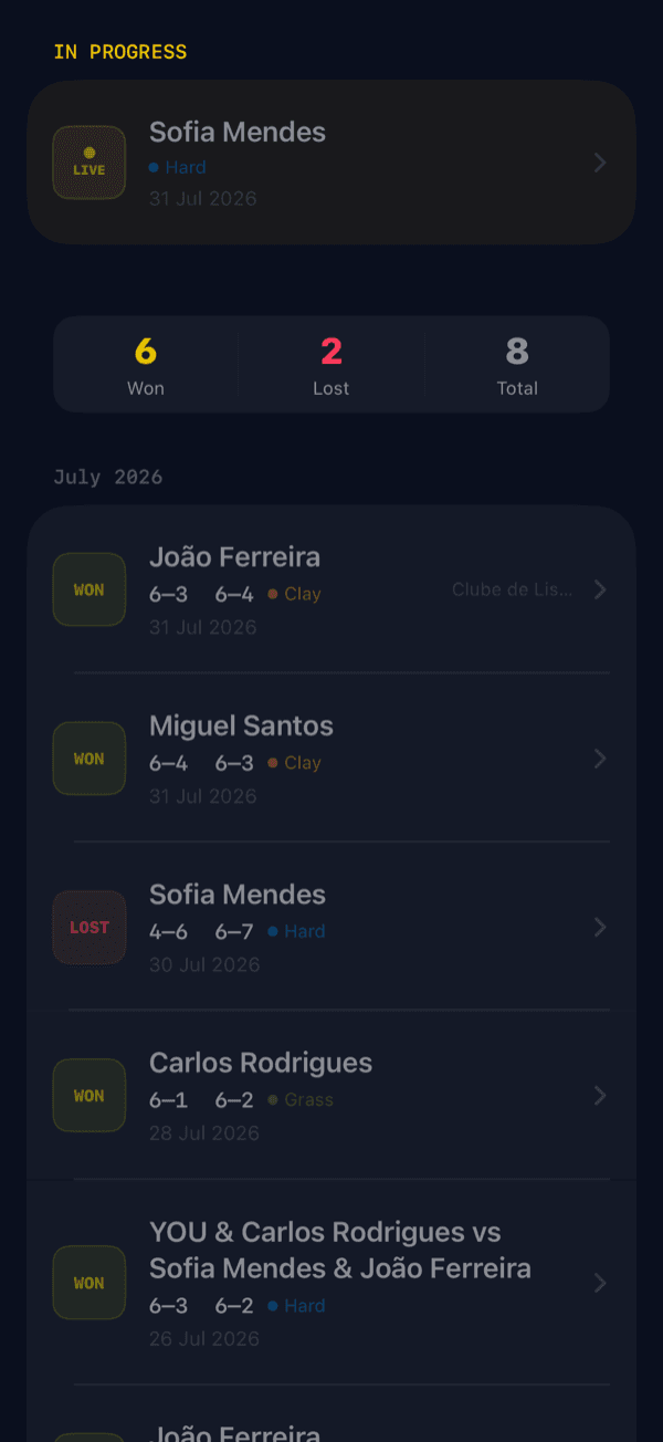 Deuce match history screen